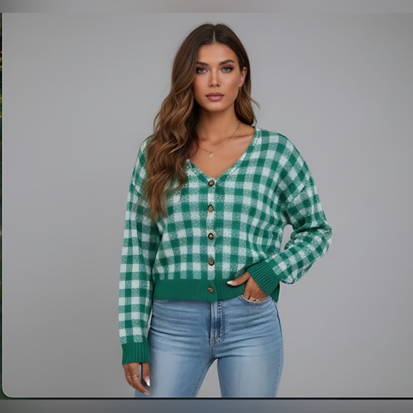 Gingham Button Up Crop Cardigan - Picture 1 of 6
